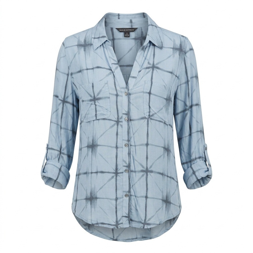 Rock & Republic Blue Tie Dye Grid Roll Tab Button Down Shirt Women Medium